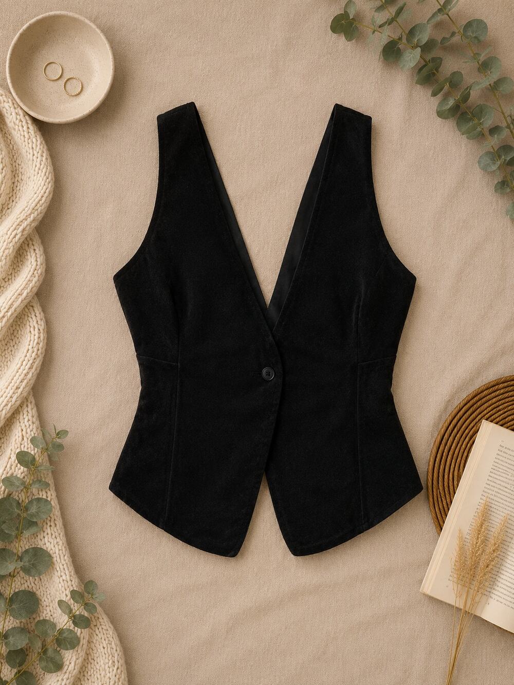 Zara Women’s Black Velvet Vest Top Deep V Neck Open Back Tailored Quiet Luxury M
